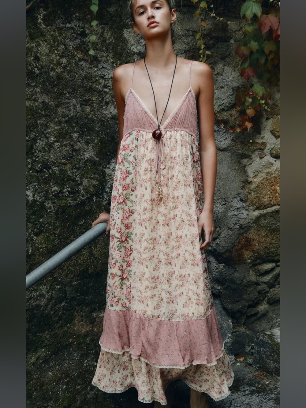 Floral Sundress with Mauve Lace Yoke